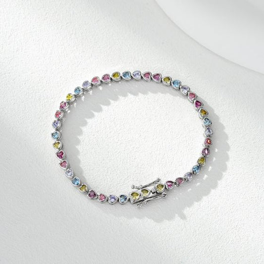Heart Rainbow Cubic Zirconia Tennis Bracelet in 925 Sterling Silver
