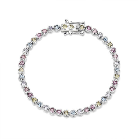 Heart Rainbow Cubic Zirconia Tennis Bracelet in 925 Sterling Silver