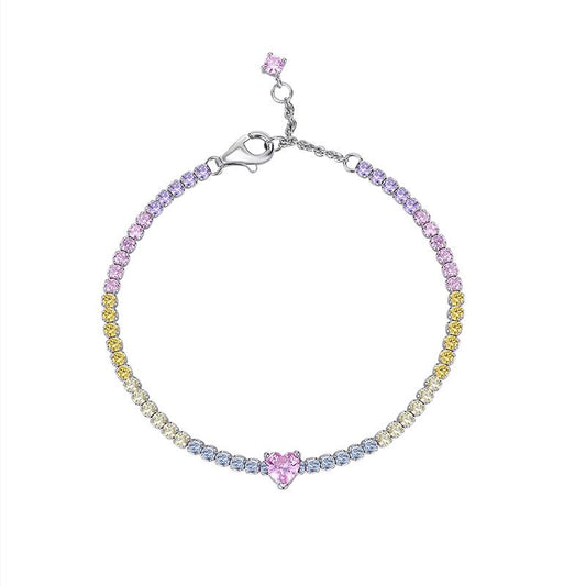 Rainbow Heart Cubic Zirconia Tennis Bracelet in 925 Sterling Silver