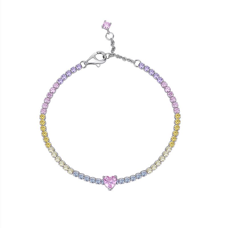 Rainbow Heart Cubic Zirconia Tennis Bracelet in 925 Sterling Silver
