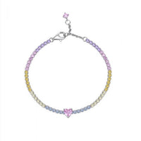Rainbow Heart Cubic Zirconia Tennis Bracelet in 925 Sterling Silver