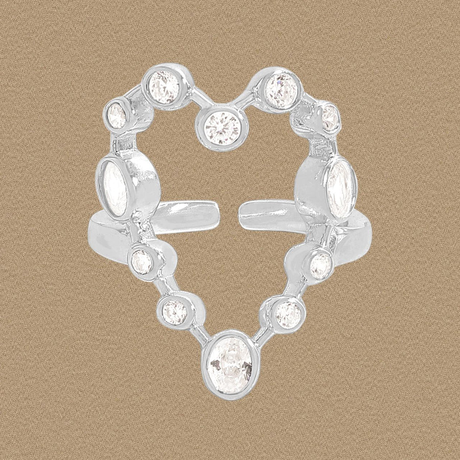 Holiday Round Crystal Hollow Heart Adjustable 925 Sterling Silver Ring