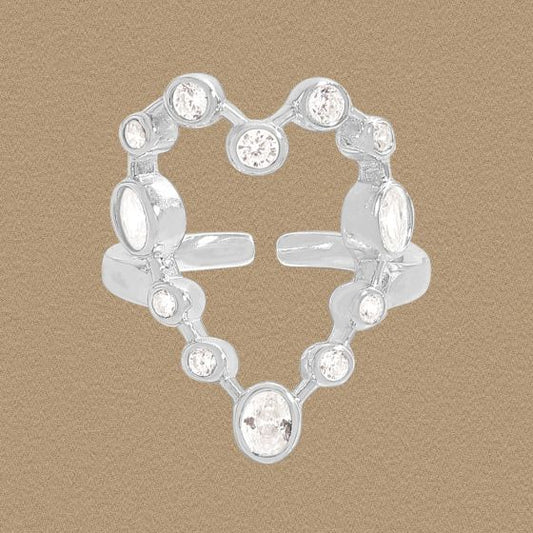 Holiday Round CZ Hollow Heart Adjustable 925 Sterling Silver Ring