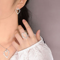 Holiday Round Crystal Hollow Heart Adjustable 925 Sterling Silver Ring