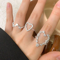 Holiday Round Crystal Hollow Heart Adjustable 925 Sterling Silver Ring