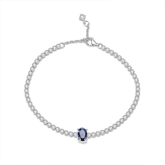 Blue Sapphire and Full Diamond Cubic Zirconia Tennis Bracelet, S925 Sterling Silver