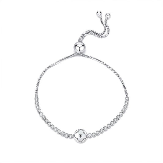 Lucky Clover Cubic Zirconia Adjustable Bracelet, S925 Sterling Silver