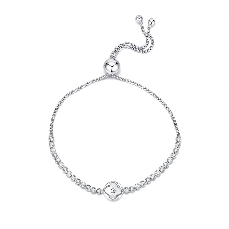 Lucky Clover Cubic Zirconia Adjustable Bracelet, S925 Sterling Silver