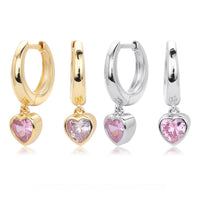 Heart Pink Cubic Zirconia Dangle Hoop Earrings in 925 Sterling Silver