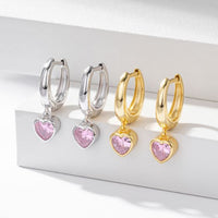 Heart Pink Cubic Zirconia Dangle Hoop Earrings in 925 Sterling Silver