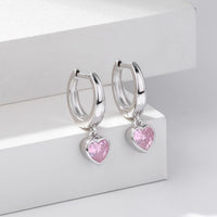 Heart Pink Cubic Zirconia Dangle Hoop Earrings in 925 Sterling Silver