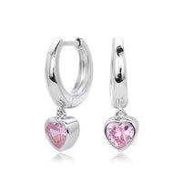 Heart Pink Cubic Zirconia Dangle Hoop Earrings in 925 Sterling Silver