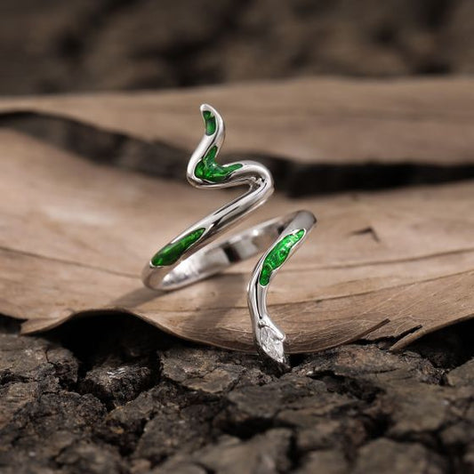 Green Epoxy Snake 925 Sterling Silver Adjustable Ring