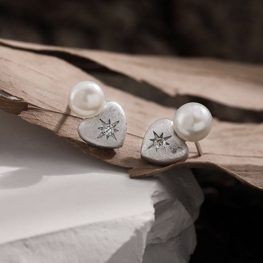 Shell Pearl Star and Heart Sterling Silver Stud Earrings