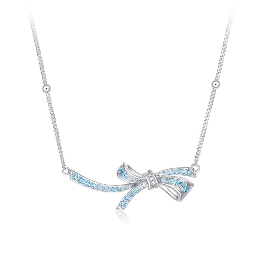 Sky Blue Bowknot Cubic Zirconia Pendant Necklace in 925 Sterling Silver