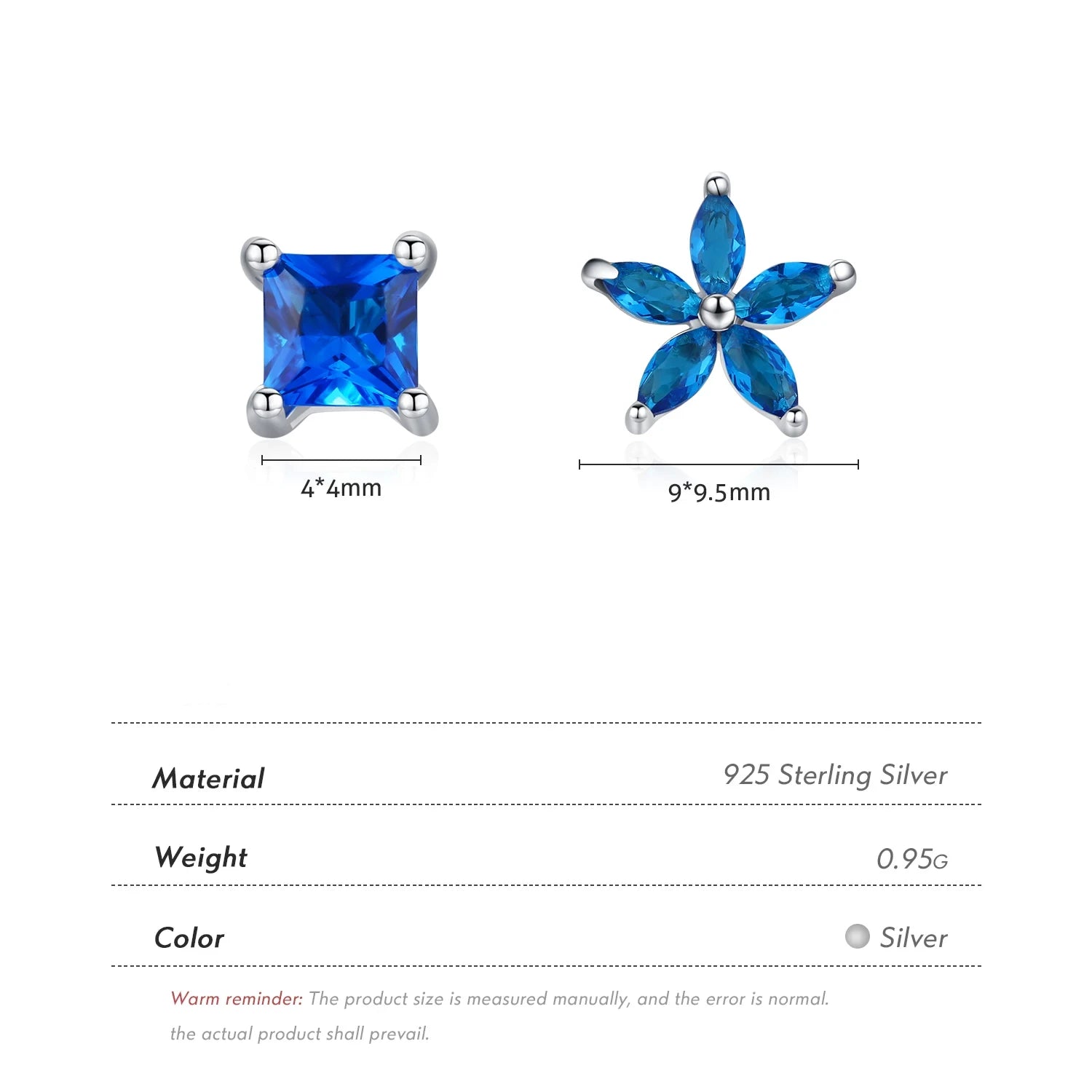 Sterling Silver Asymmetrical Flower Blue Stud Earrings