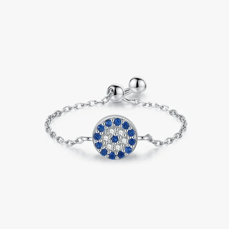 Sterling Silver Adjustable Blue Evil Eye Chain Ring