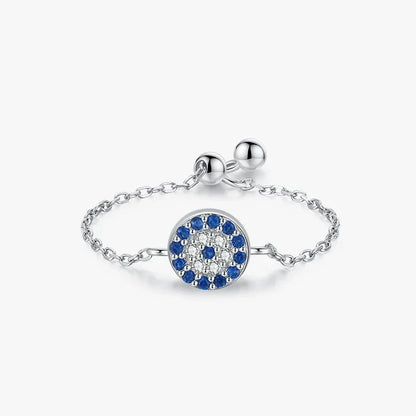 Sterling Silver Adjustable Blue Evil Eye Chain Ring