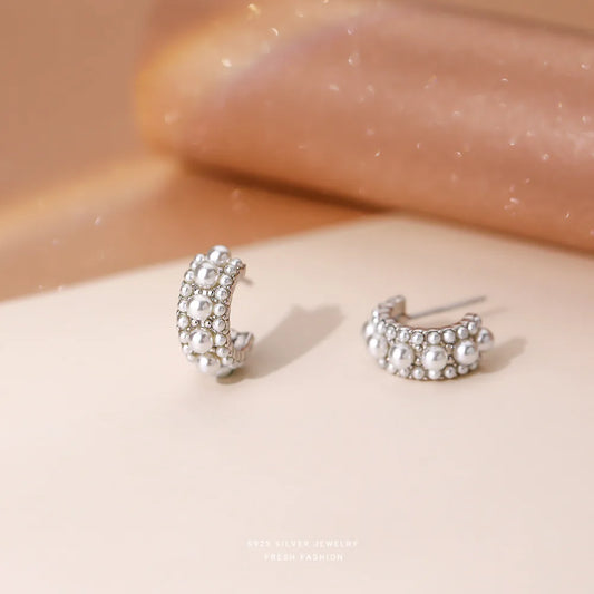 Sterling Silver Shell Pearl C Shaped Stud Earrings