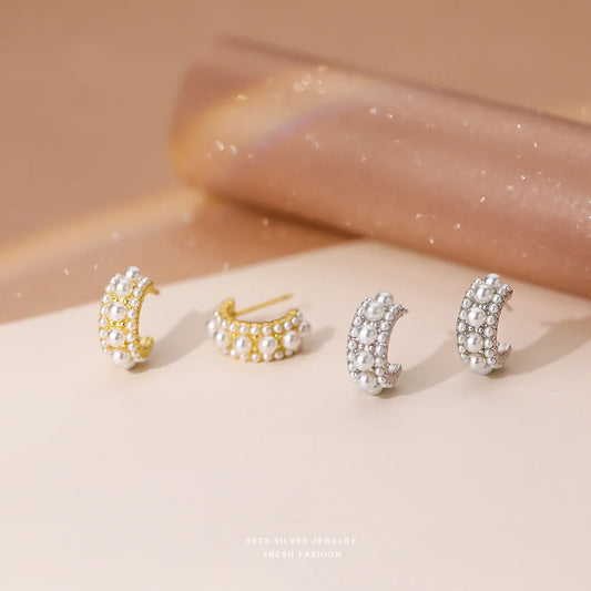Sterling Silver Shell Pearl C Shaped Stud Earrings
