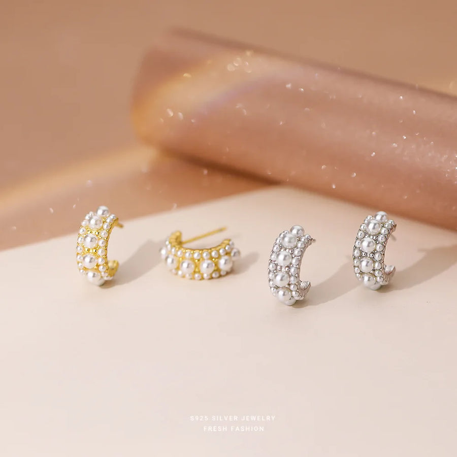 Sterling Silver Shell Pearl C Shaped Stud Earrings
