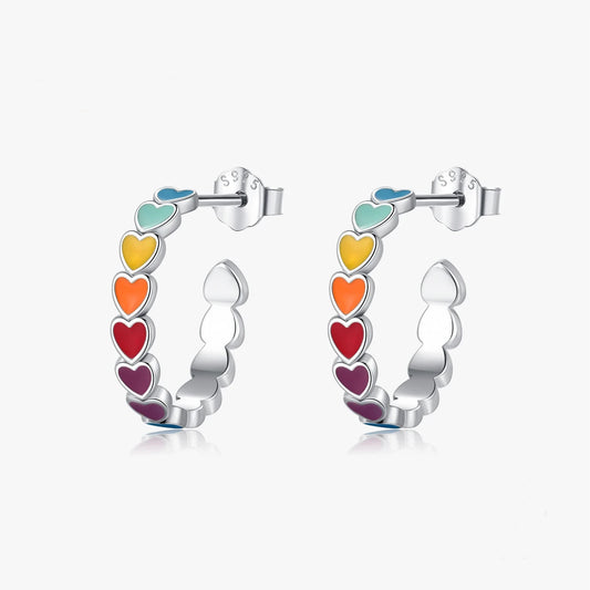 Sterling Silver Rainbow Enamel Heart Hoop Earrings