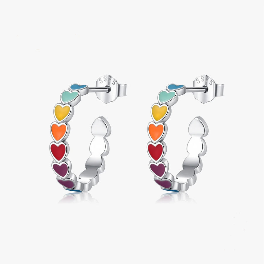 Sterling Silver Rainbow Enamel Heart Hoop Earrings
