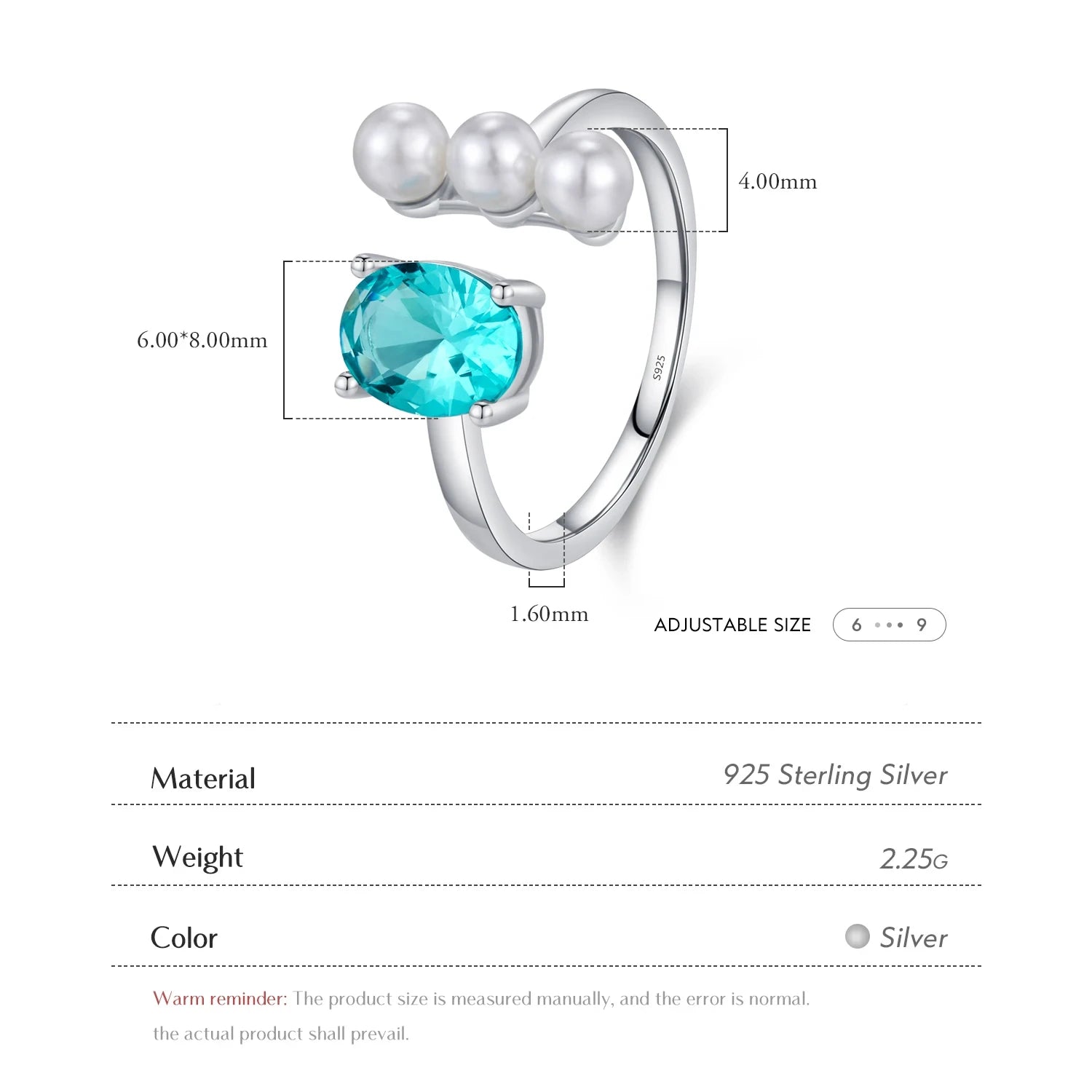 Sterling Silver Green & Pearl Open Ring