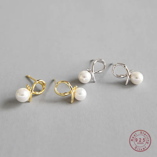 Sterling Silver Pearl Geometric Line Stud Earrings