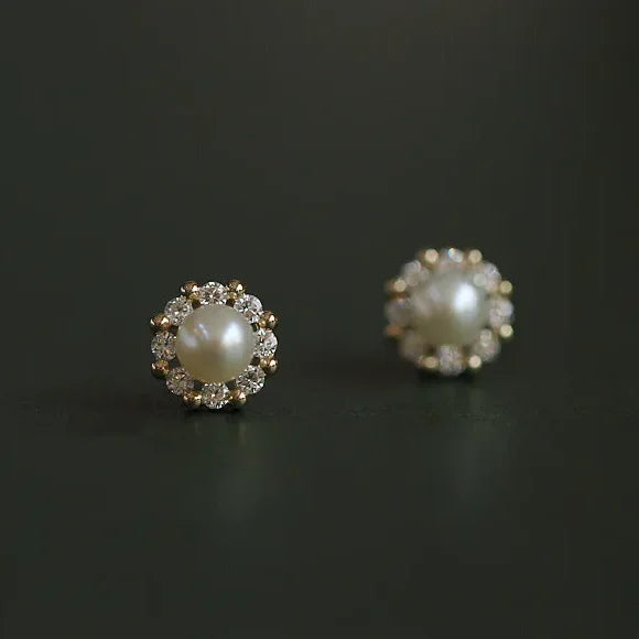 Gold Plated Sterling Silver Pearl Flower Stud Earrings