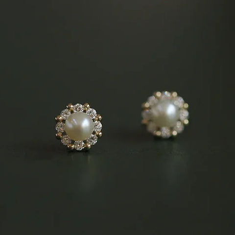 Gold Plated Sterling Silver Pearl Flower Stud Earrings