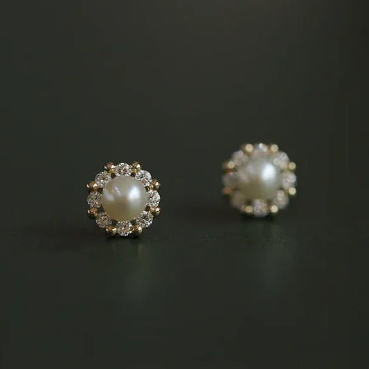 Gold Plated Sterling Silver Pearl Flower Stud Earrings