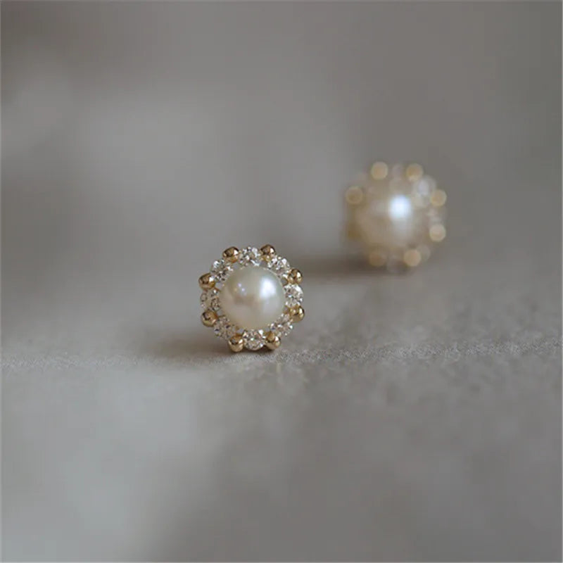 Gold Plated Sterling Silver Pearl Flower Stud Earrings