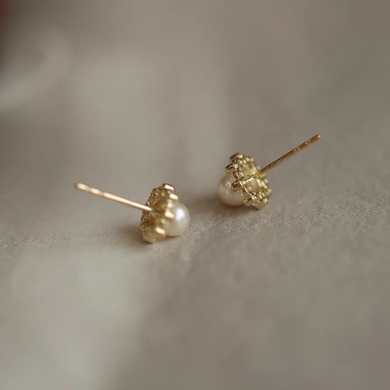 Gold Plated Sterling Silver Pearl Flower Stud Earrings
