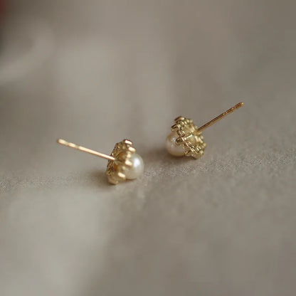 Gold Plated Sterling Silver Pearl Flower Stud Earrings
