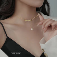 Gold Plated Sterling Silver Tassel Pearl Dangle Necklace