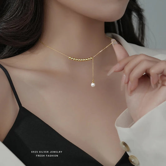 Gold Plated Sterling Silver Tassel Pearl Dangle Necklace