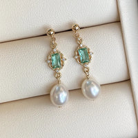 Sterling Silver Pearl Created Emerald Long Earrings