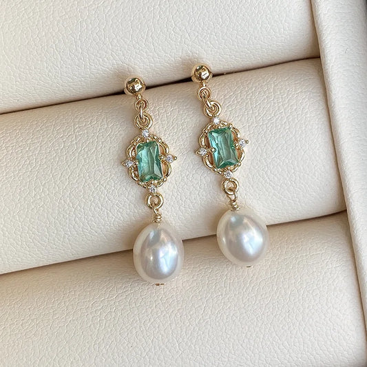 Sterling Silver Pearl Created Emerald Long Earrings