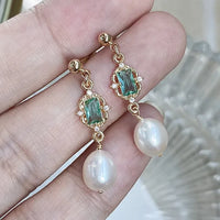 Sterling Silver Pearl Created Emerald Long Earrings