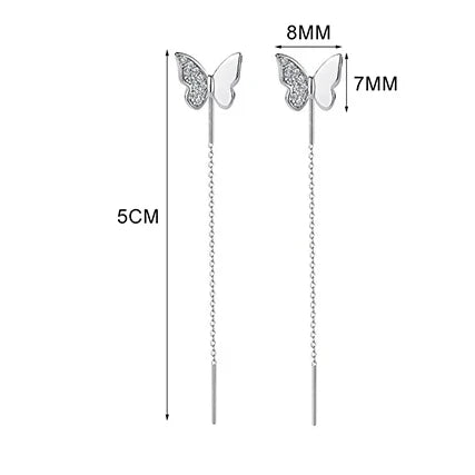 Sterling Silver Butterfly Heart Tassel Drop Earrings