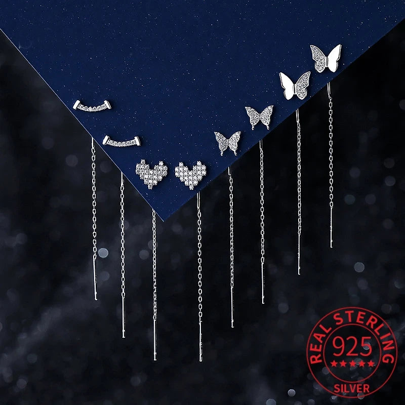 Sterling Silver Butterfly Heart Tassel Drop Earrings