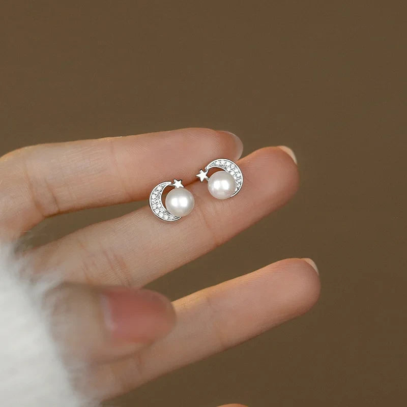 Sterling Silver Moon Star Freshwater Pearl Stud Earrings