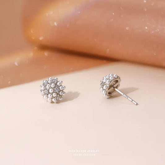 Sterling Silver Cluster Simulated Pearl Stud Earrings