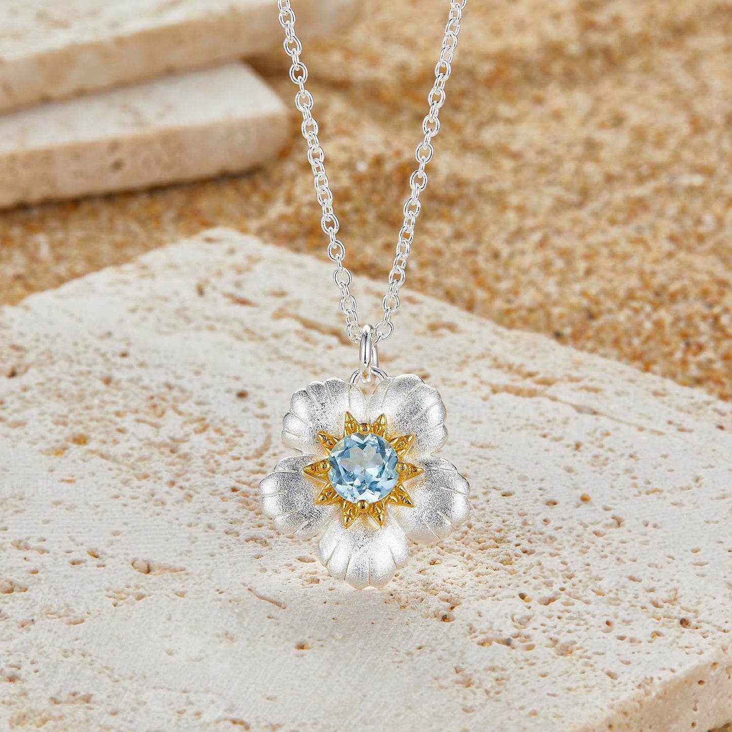 Blue Topaz Flower Pendant Necklace