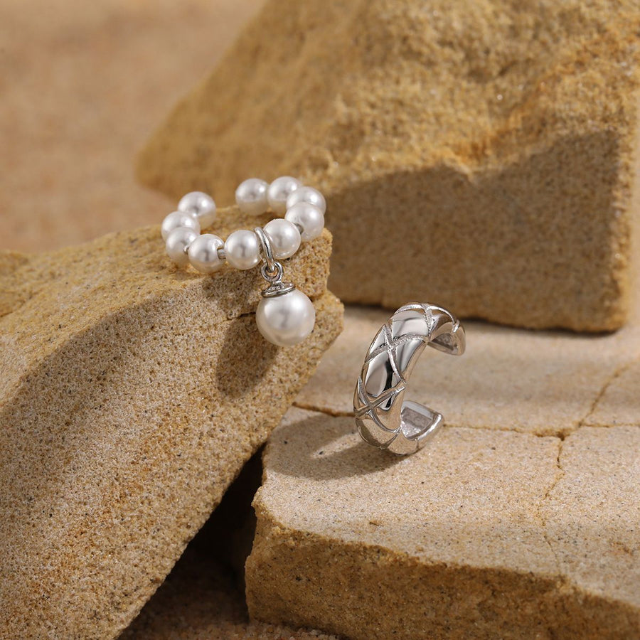 Quilting Pattern Shell Pearl Non-Pierced Sterling Silver Earring (Single)