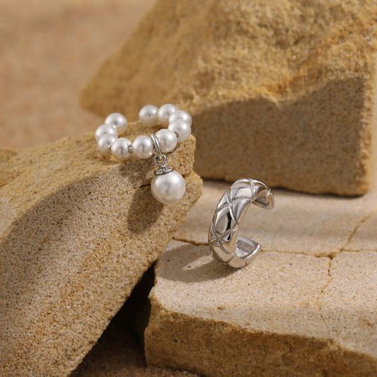 Quilting Pattern Shell Pearl Non-Pierced Sterling Silver Earring (Single)