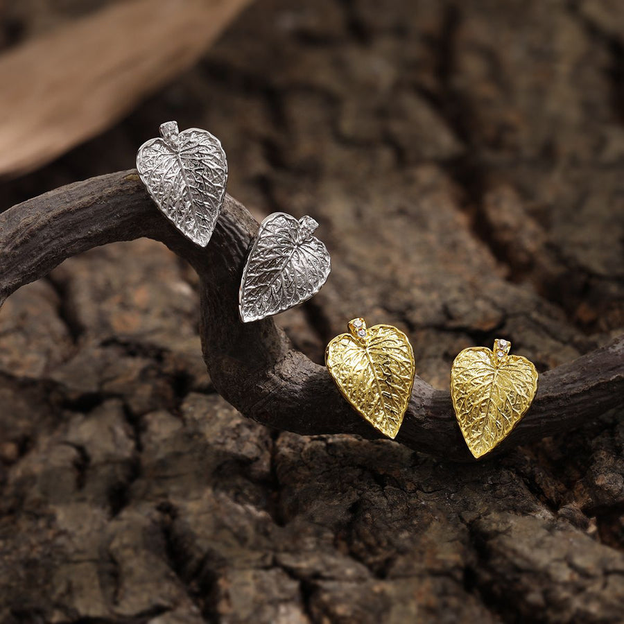 Irregular Leaf Crystal Sterling Silver Stud Earrings