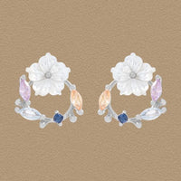 Shell Flower Crystal Garland Sterling Silver Stud Earrings