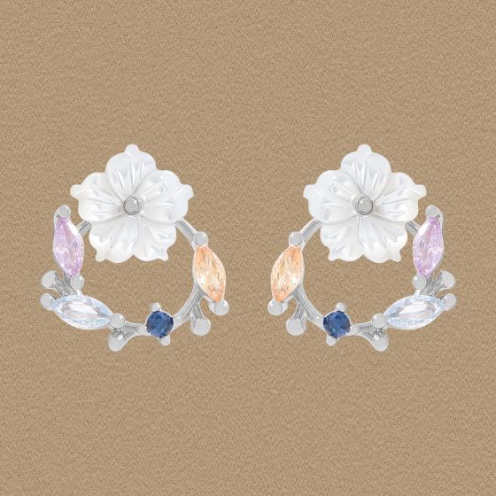 Shell Flower Crystal Garland Sterling Silver Stud Earrings